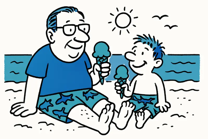 Jan Hofer and Son in Hammerhead Shark Swim Trunks: A Sunny Moment on Mallorca's Coast